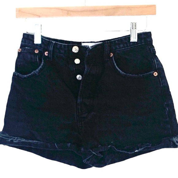 Zara | High rise button fly denim fray cuffed shorts size 0 - Picture 1 of 8